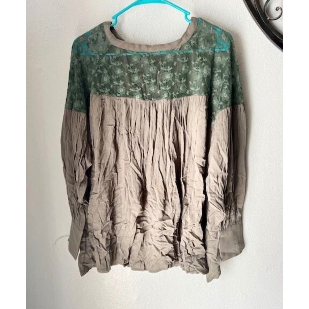 Crinkle Rayon Lace Contrast Long Sleeve Blouse Olive Green Large